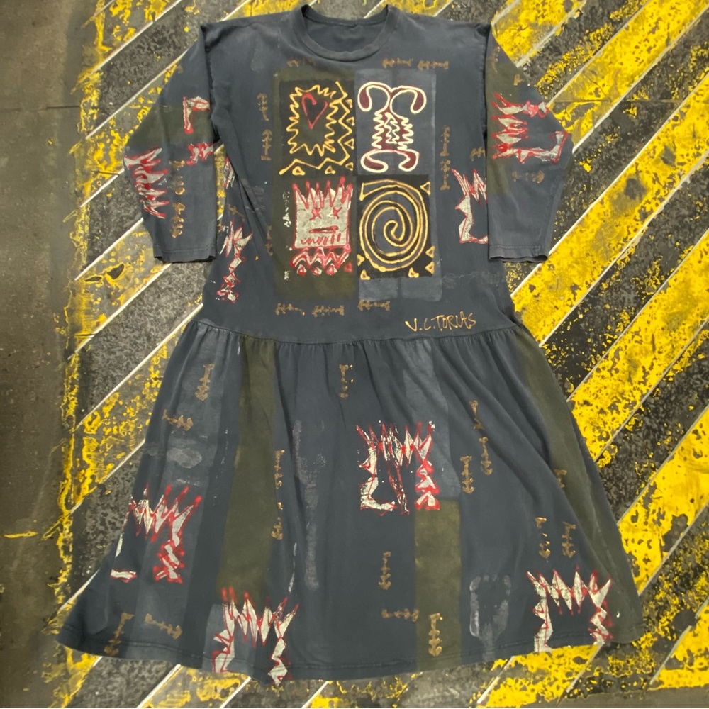 Vintage VC Torias Hand Painted Art Dress 90s Drop Waist Signed OS